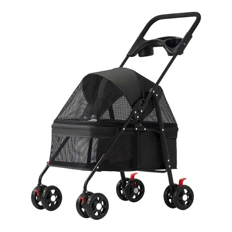 Foldable pet stroller for small dogs and cats in black with mesh sides and red-accented wheels