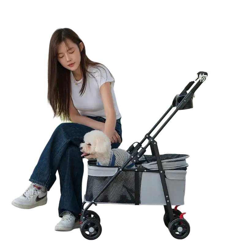 Foldable black and gray pet stroller with large mesh windows for small dogs and cats shown from the back side