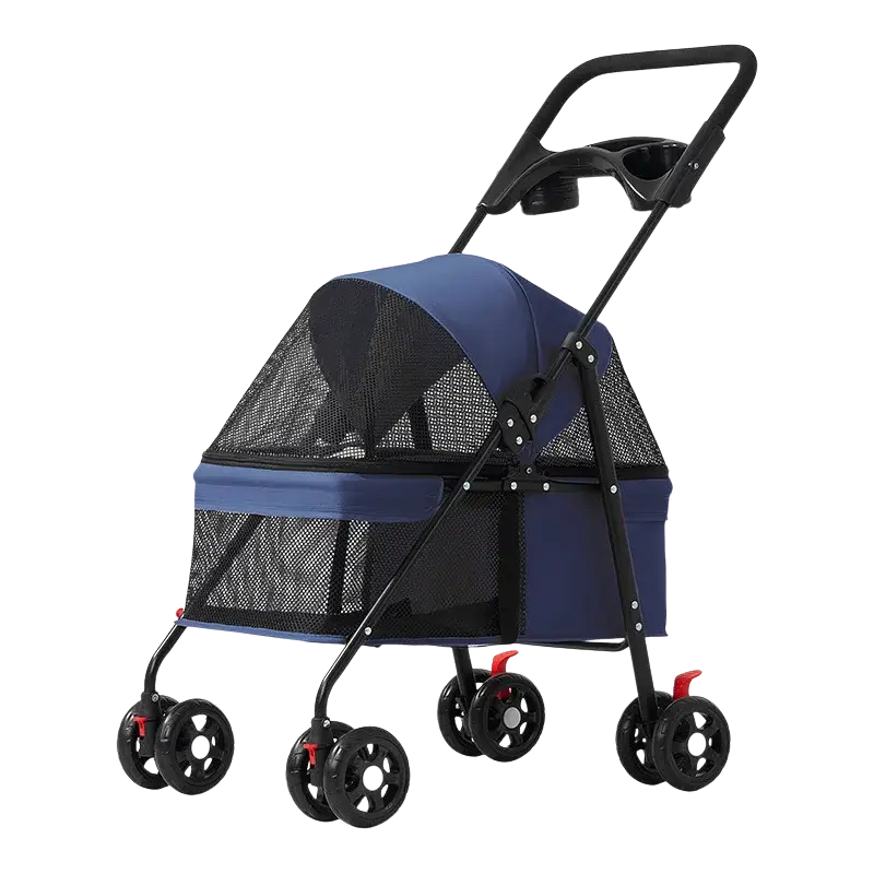 Foldable blue pet stroller with black mesh sides and handlebar cup holder for small dogs and cats