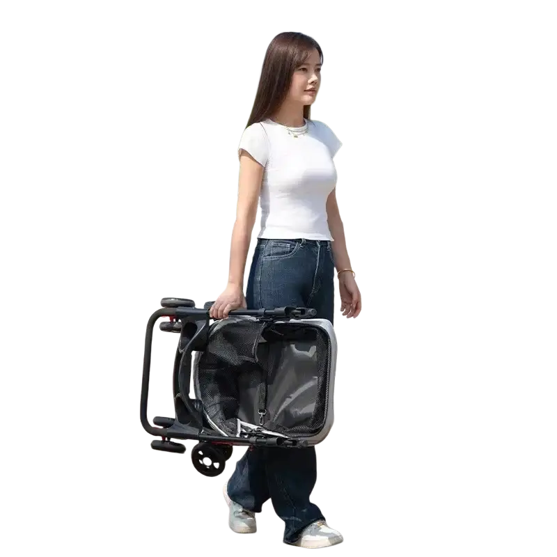 Compact black and silver foldable pet stroller with mesh storage compartment for small dogs and cats