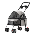 Foldable gray and black pet stroller with mesh sides, foldable handlebar, and red-accented wheels for small dogs and cats