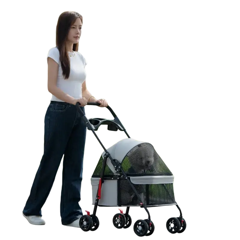 Foldable gray and black mesh pet stroller with red accents for small dogs and cats displayed from the back side