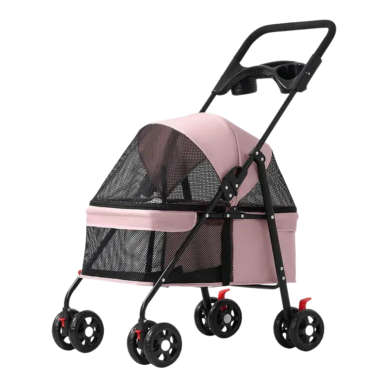 Foldable pink pet stroller for small dogs and cats with black mesh sides and black frame featuring four wheels with red brakes