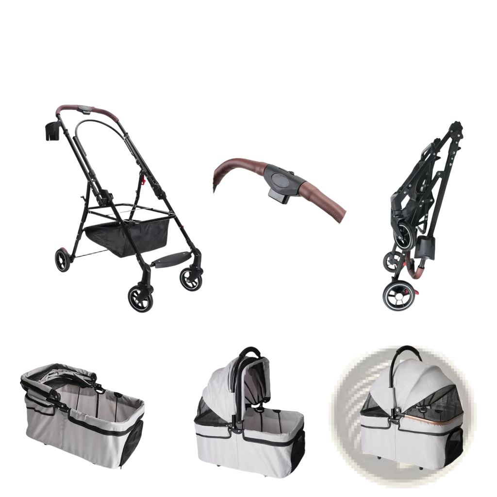 Foldable pet stroller for small dogs and cats with black and brown foldable one-hand operation compact frame and four wheels