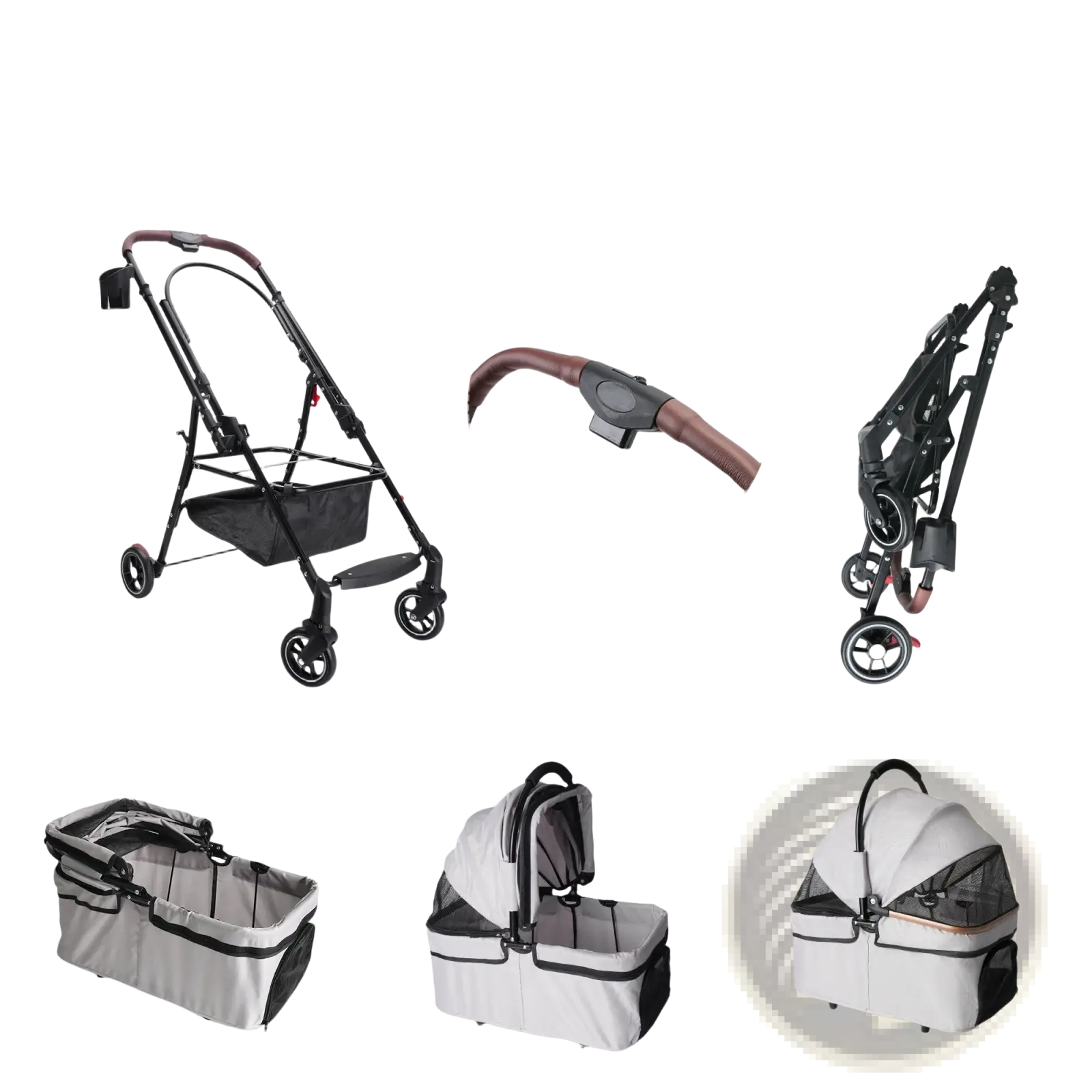 Foldable pet stroller for small dogs and cats with black and brown foldable one-hand operation compact frame and four wheels