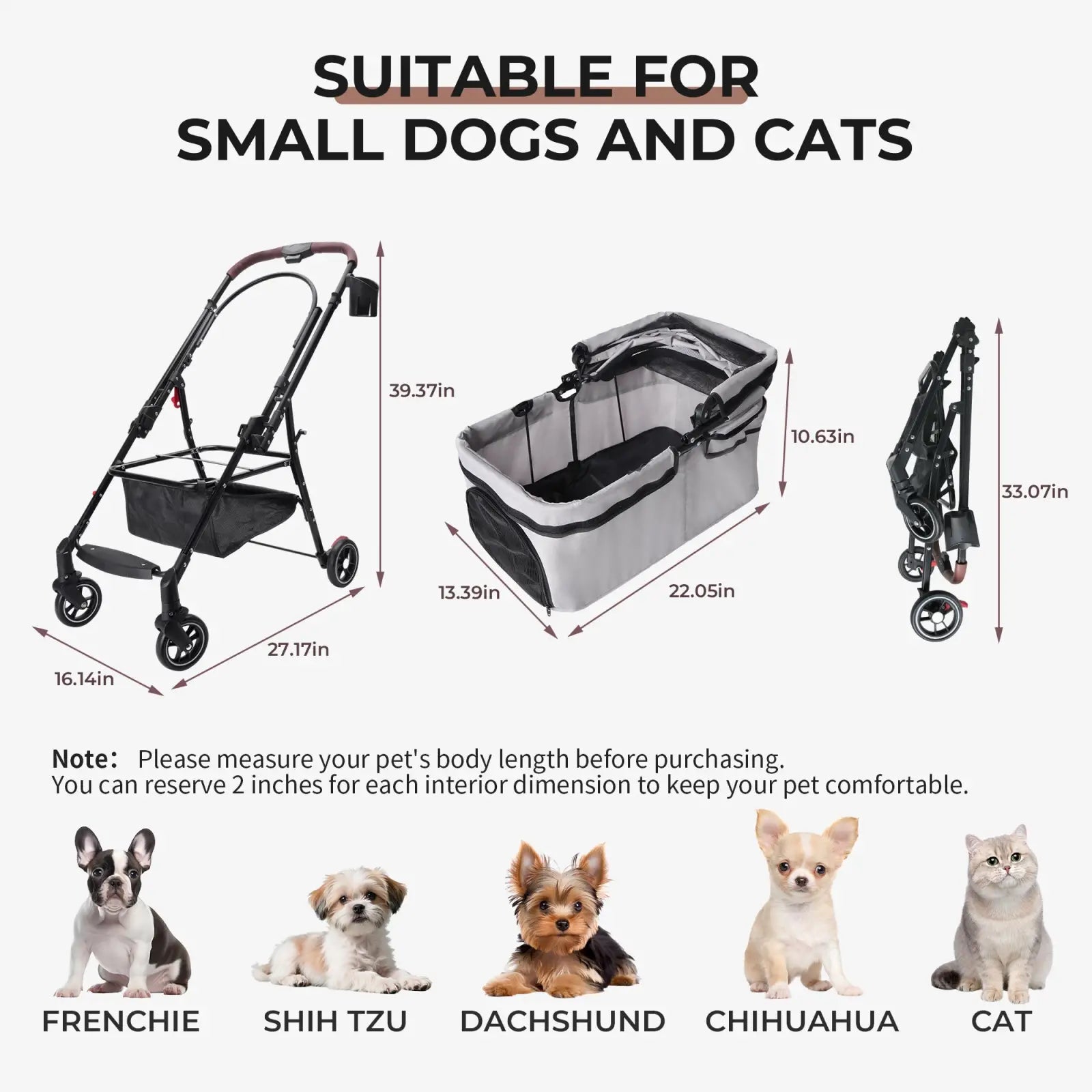 Foldable pet stroller for small dogs and cats with gray and black soft-sided carry basket and four wheels