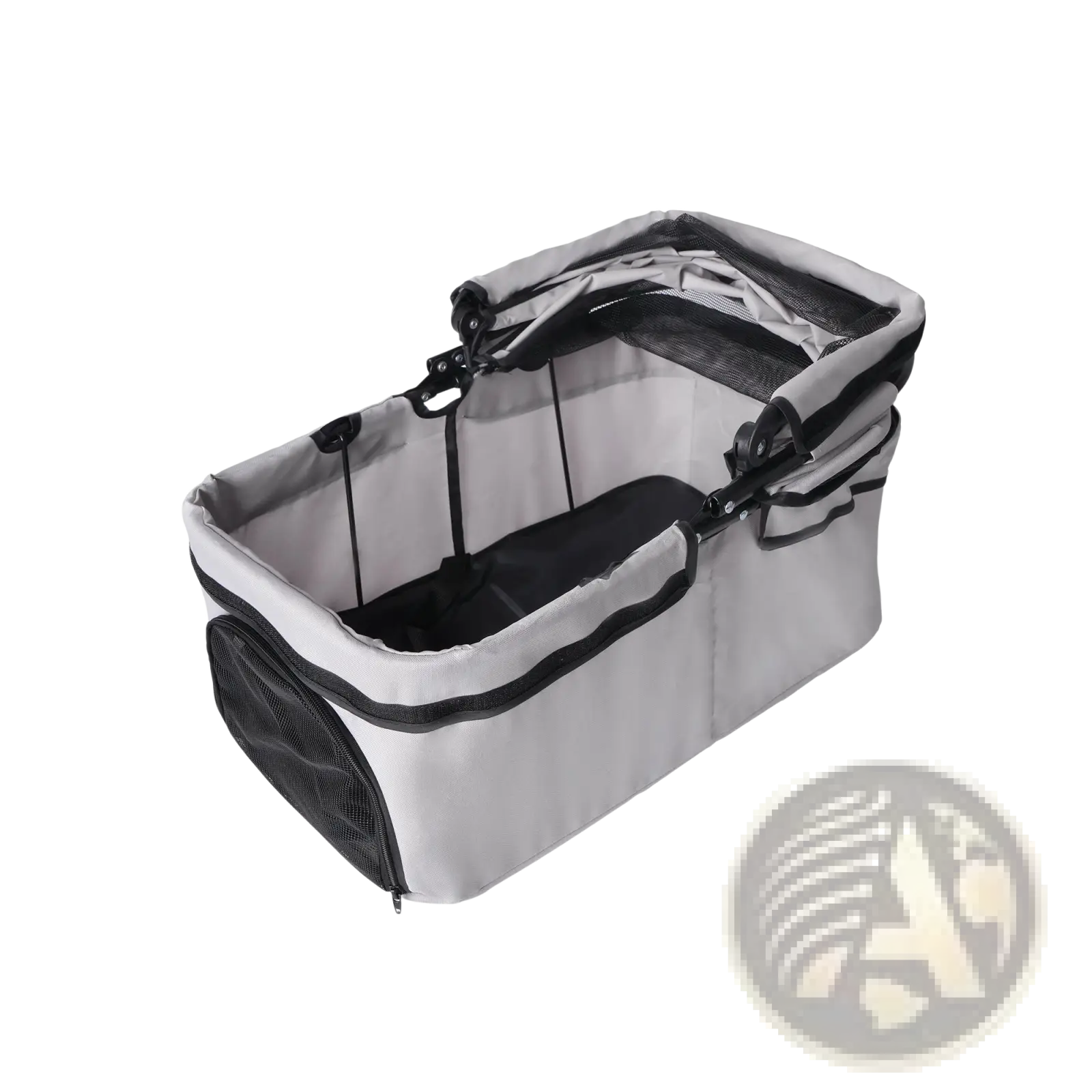 Gray and black foldable pet stroller with mesh sides and foldable frame for small dogs and cats
