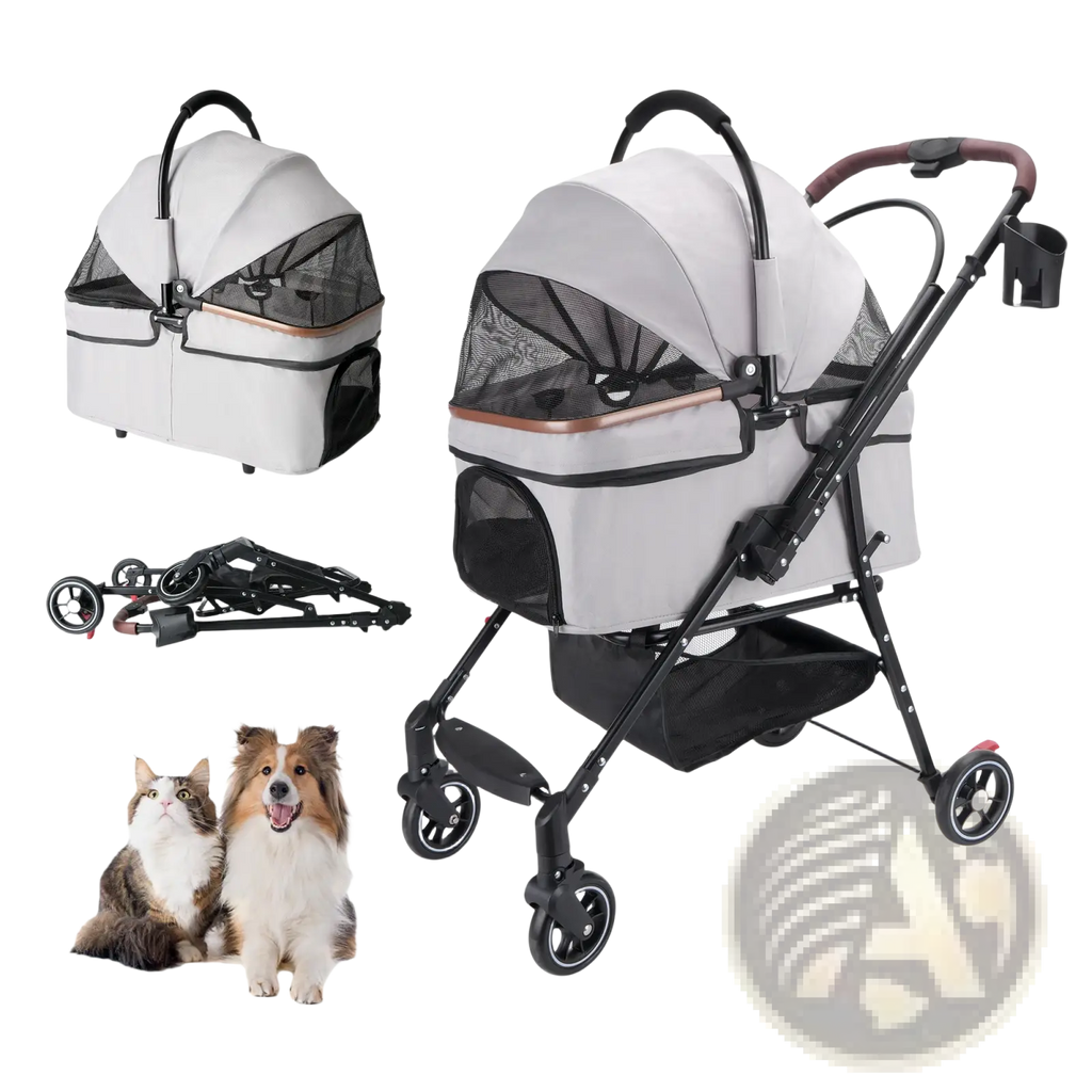 Foldable pet stroller for small dogs and cats in gray and black with mesh sides, foldable frame, and wheels
