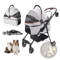Foldable pet stroller for small dogs and cats in gray and black with mesh sides, foldable frame, and wheels