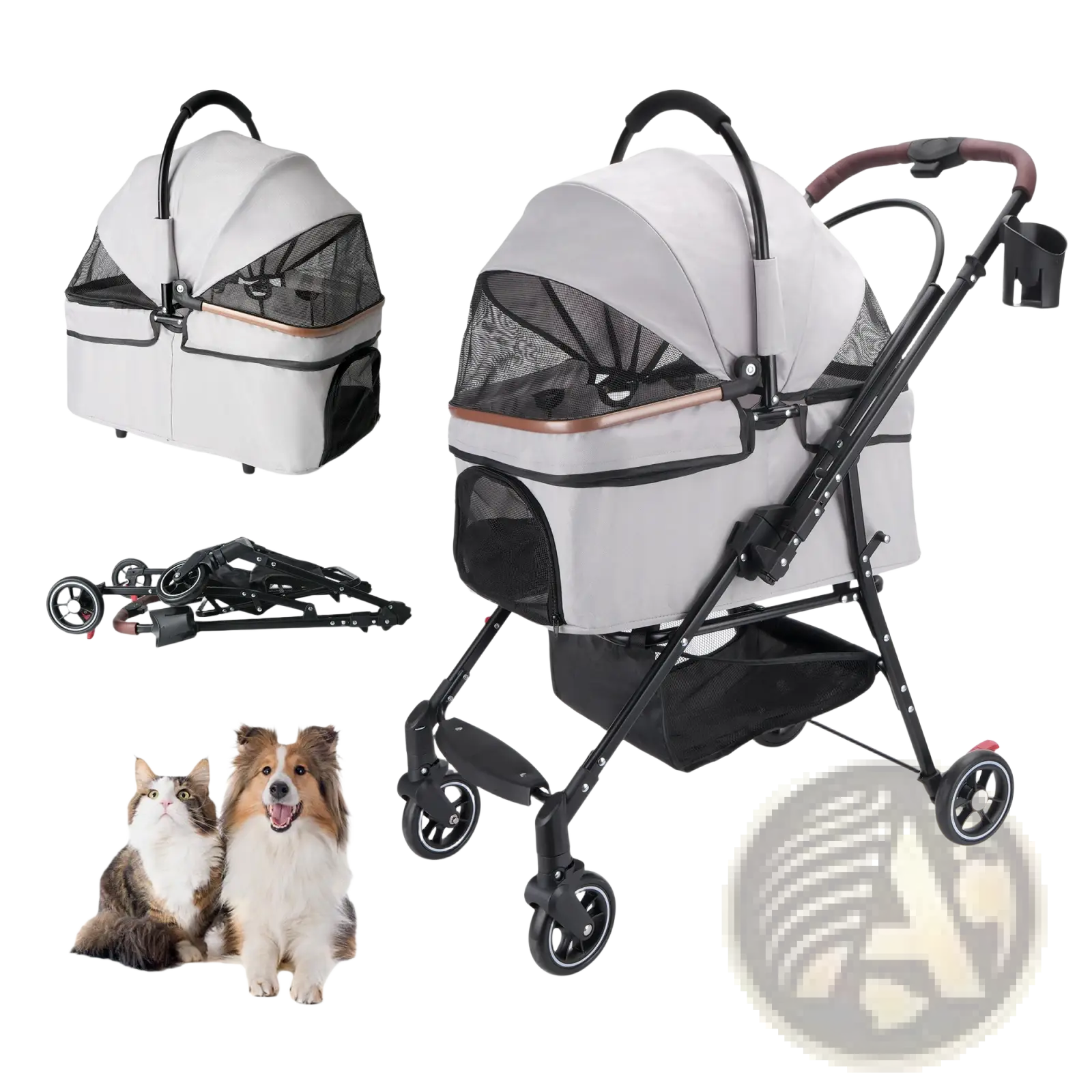 Foldable pet stroller for small dogs and cats in gray and black with mesh sides, foldable frame, and wheels