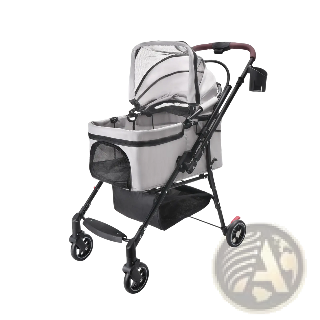 Foldable gray and black pet stroller for small dogs and cats with mesh canopy, adjustable handlebar, and four wheels