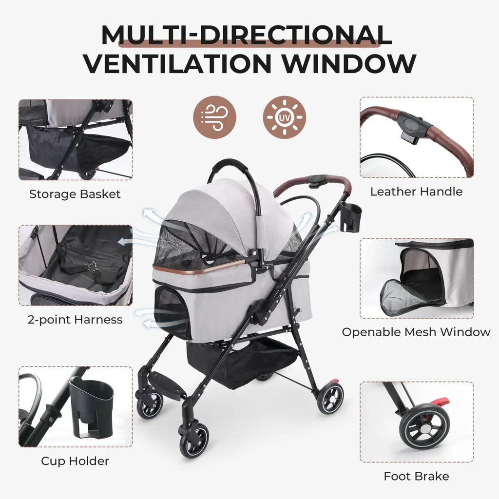 Foldable pet stroller for small dogs and cats in gray and black with mesh window leather handle and foldable frame