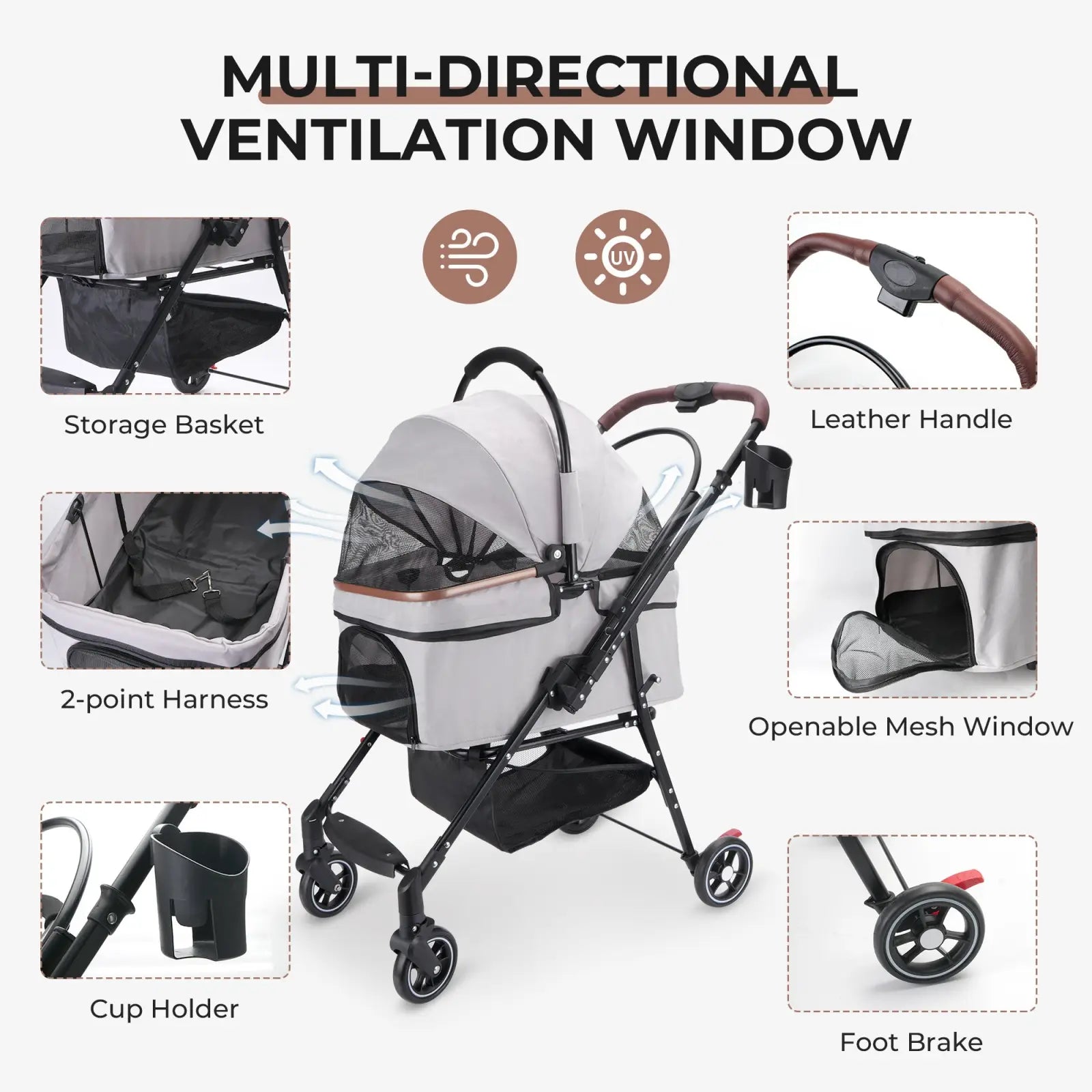 Foldable pet stroller for small dogs and cats in gray and black with mesh window leather handle and foldable frame