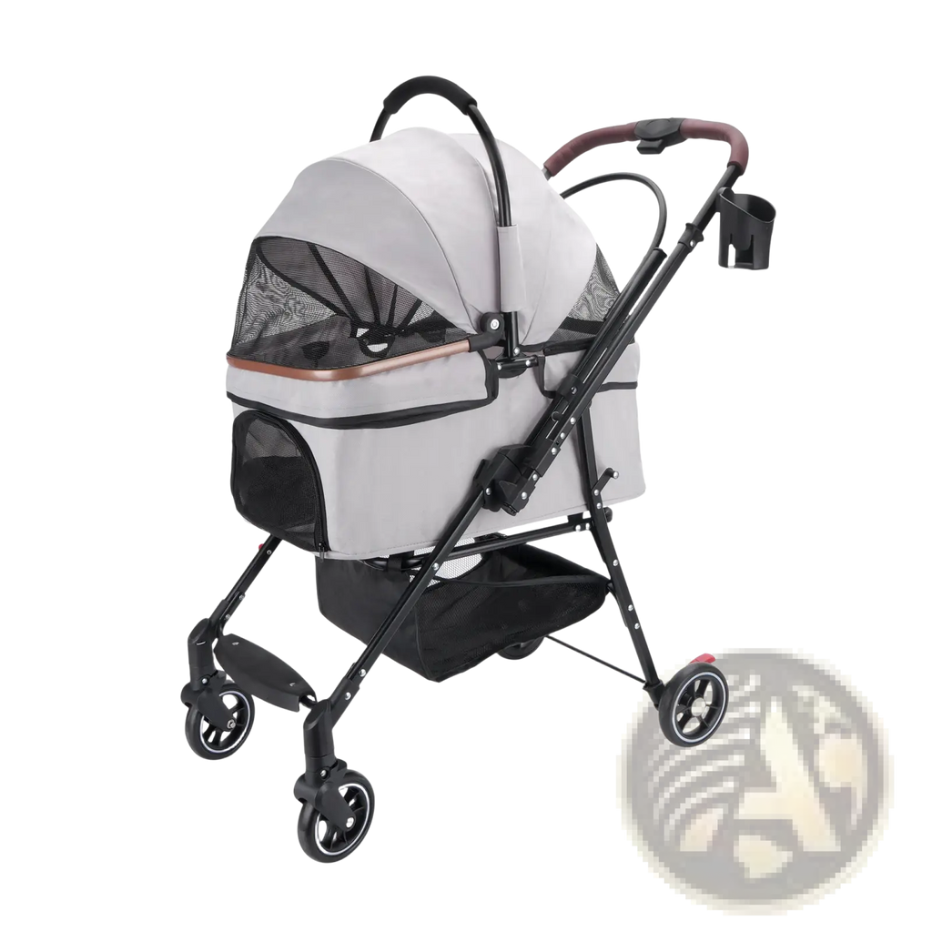 Foldable pet stroller for small dogs and cats in gray and black with mesh canopy, rose gold trim, and four wheels