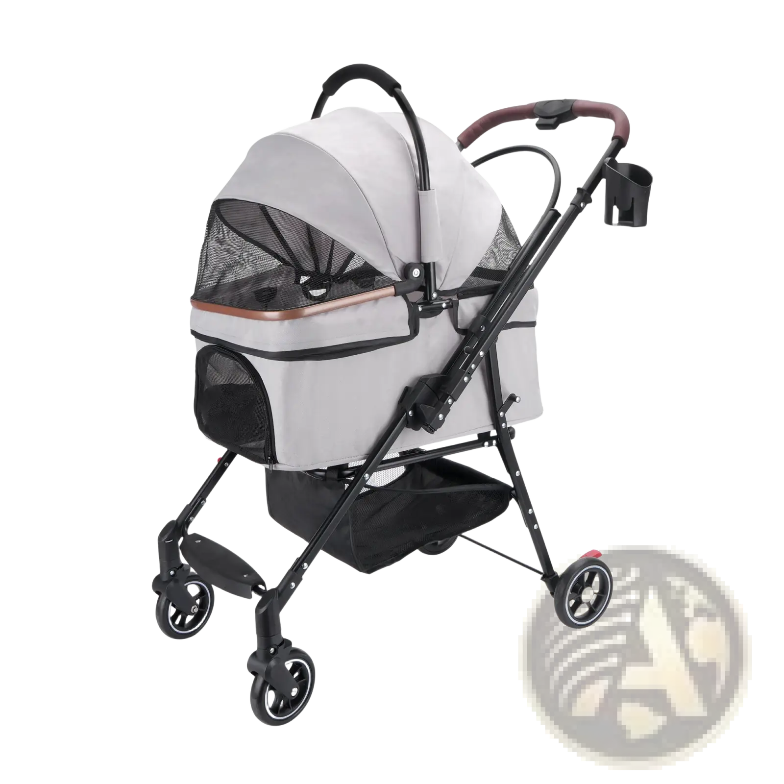 Foldable pet stroller for small dogs and cats in gray and black with mesh canopy, rose gold trim, and four wheels