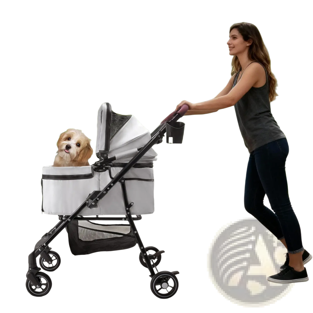 Foldable white and black pet stroller for small dogs and cats with mesh canopy and storage basket visible from the back side