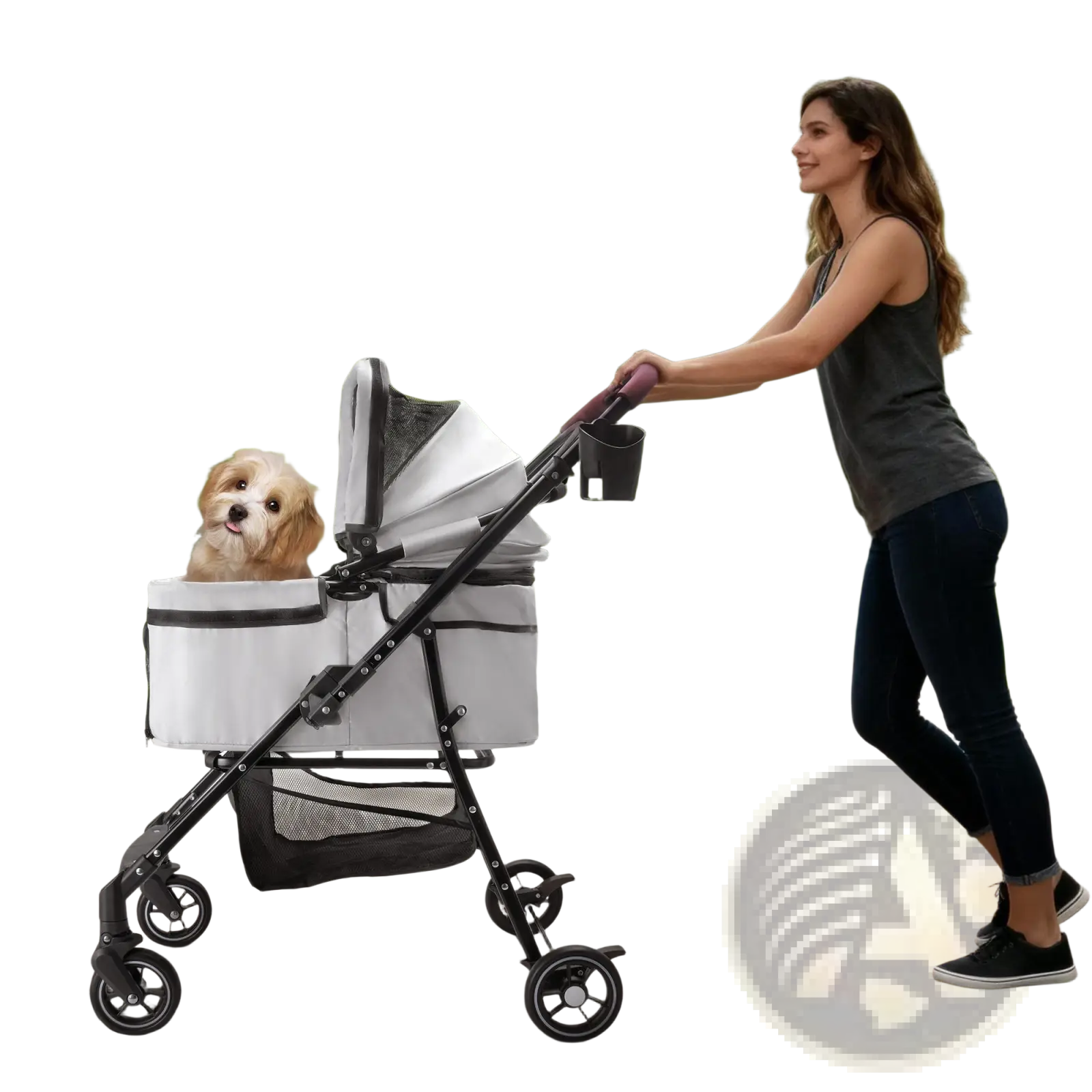 Foldable white and black pet stroller for small dogs and cats with mesh canopy and storage basket visible from the back side