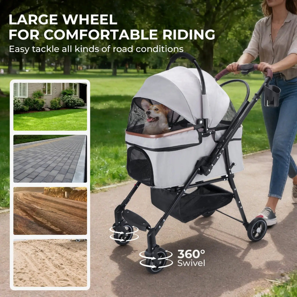 Foldable white and black pet stroller with mesh canopy designed for comfortable outdoor rides with small dogs and cats