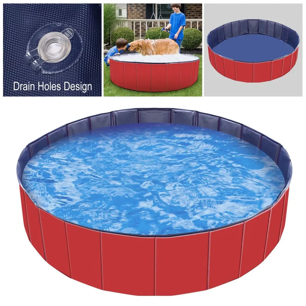 Foldable red and blue inflatable pet swimming pool with drain hole design made of pvc for dog bathing 63 inch