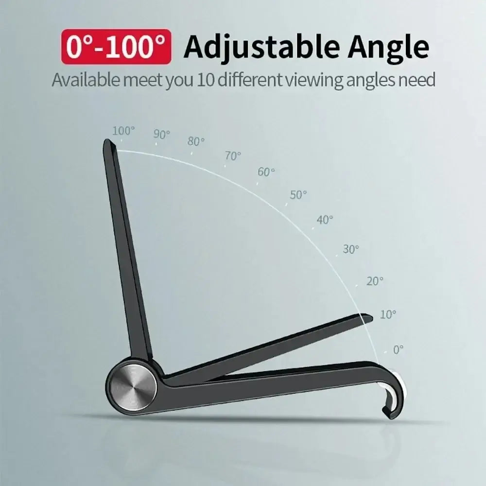 Black foldable phone stand with silver circular base and adjustable design for secure clamps and hands-free viewing