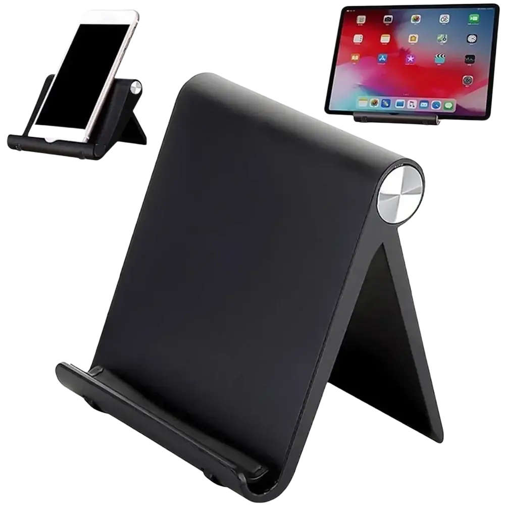 Black leather-like foldable phone stand with silver accent featuring secure clamps for hands-free viewing and compact design