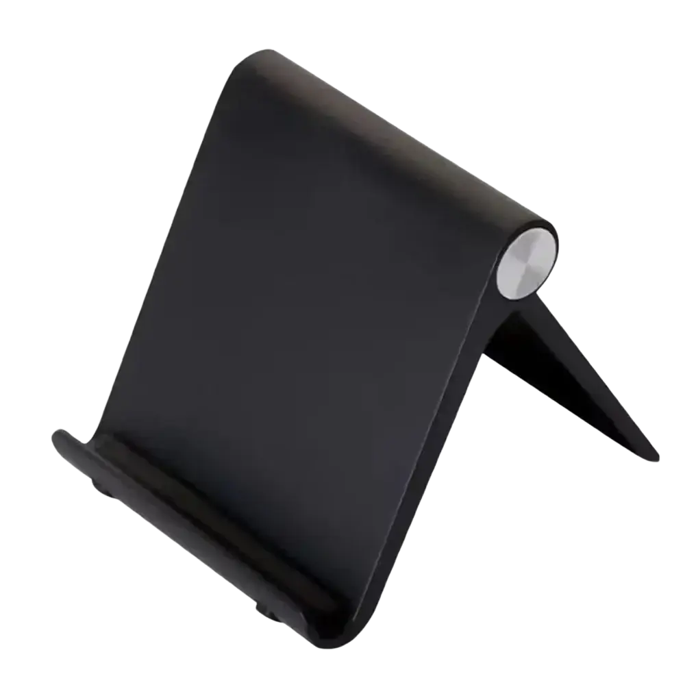 Foldable phone stand in black matte finish with silver accent featuring an adjustable design for hands-free viewing
