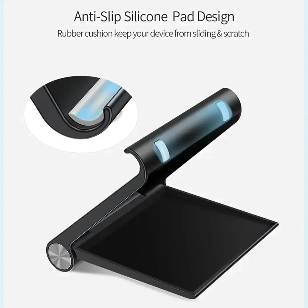 Black silicone and metal foldable phone stand with anti-slip cushioning for hands-free viewing and secure clamps