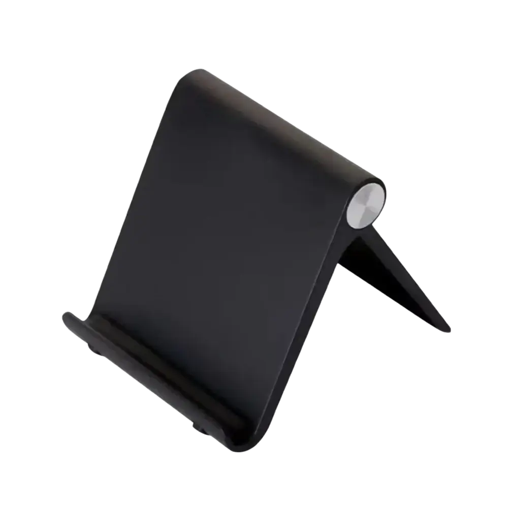 Black foldable phone stand with silver hinge accent featuring secure clamps and compact design for hands-free viewing