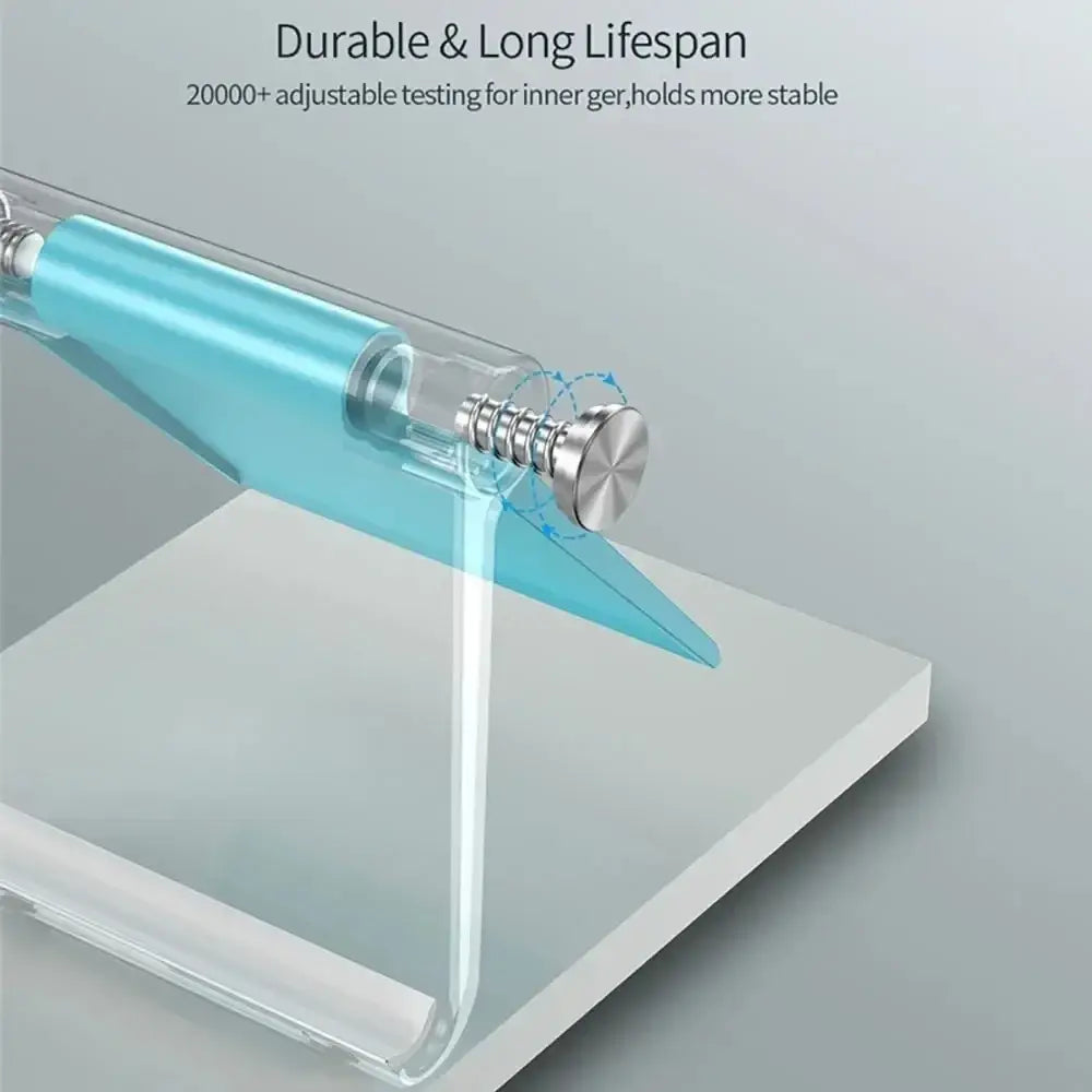 A sleek translucent light blue pen with metallic silver clip alongside a foldable phone stand for hands-free viewing