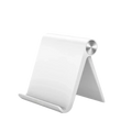 White plastic foldable phone stand with silver metallic accent for hands-free viewing and compact design