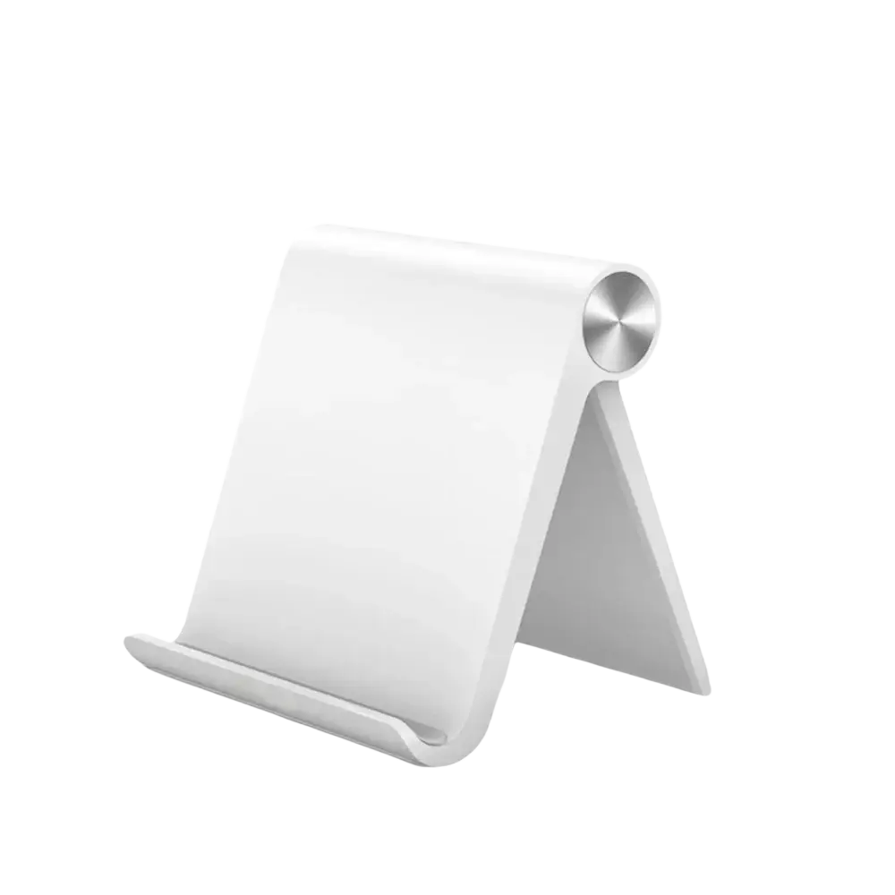 White plastic foldable phone stand with silver metallic accent for hands-free viewing and compact design