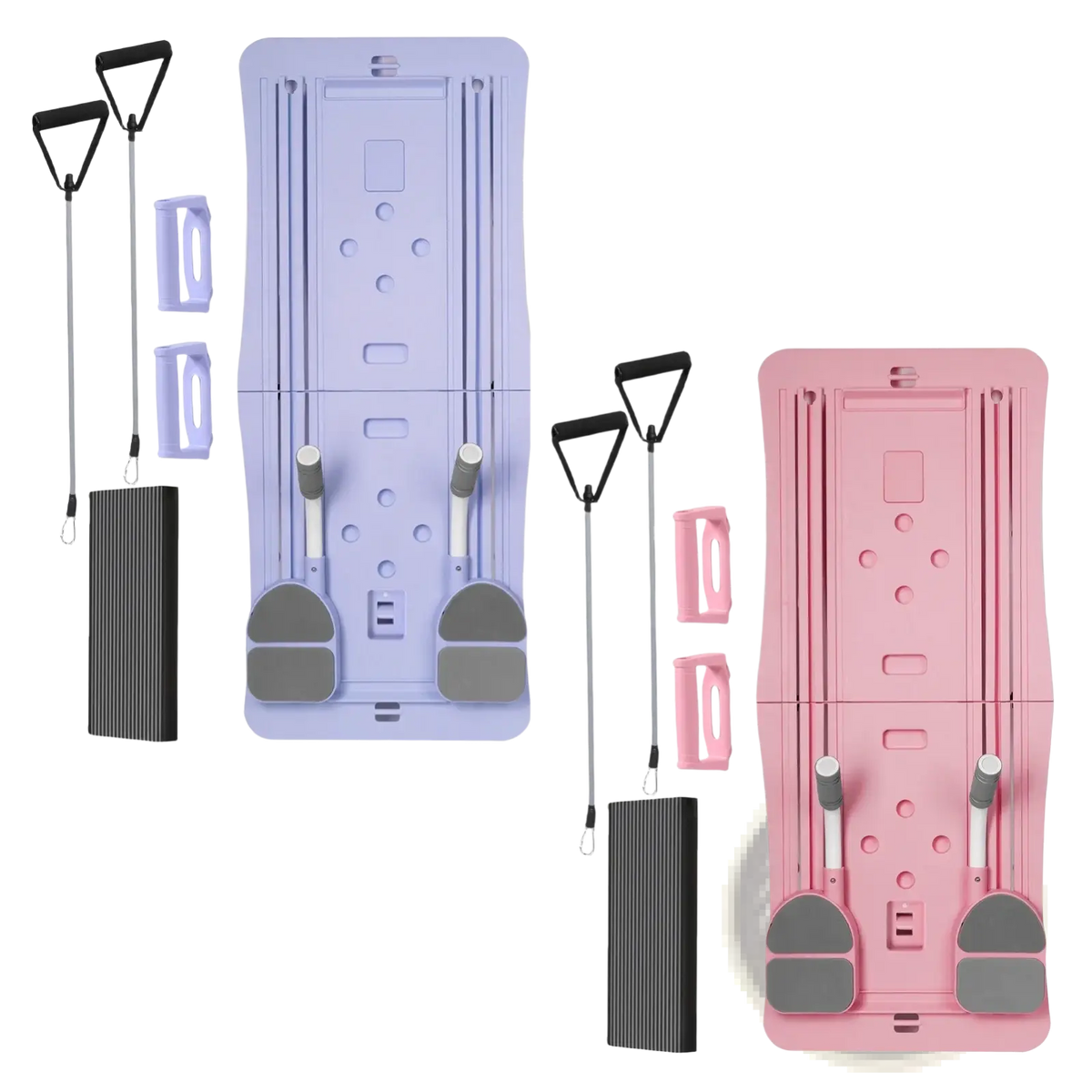 Foldable pilates board 4-in-1 core exercise trainer in lavender and pink with black resistance bands and handles