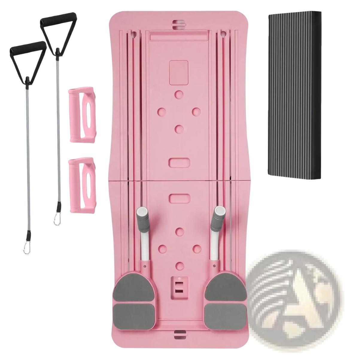 Pink plastic foldable Pilates board 4-in-1 core exercise trainer with gray foot pads and adjustable resistance handles
