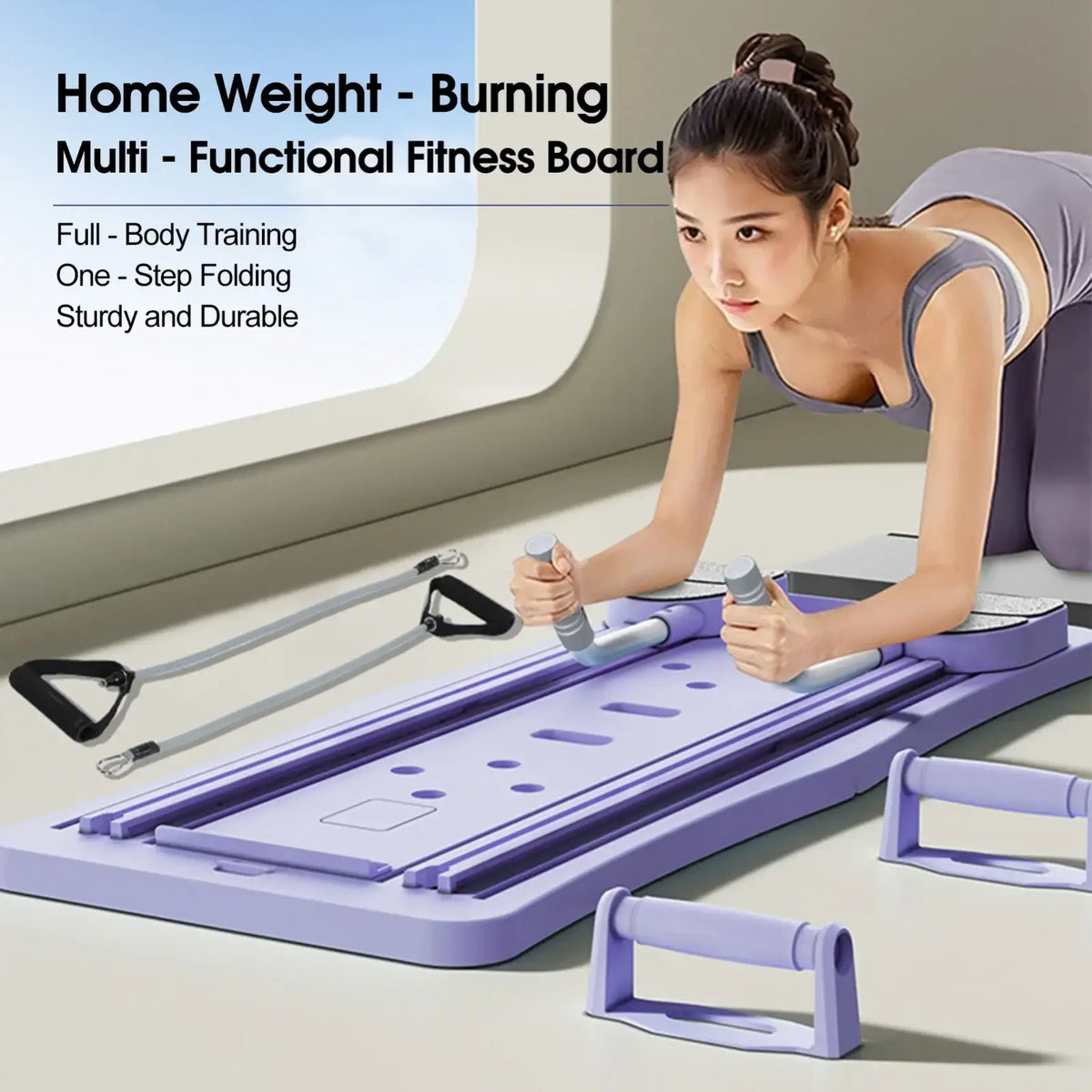 Foldable pilates board in purple with adjustable resistance handles and multi-functional design for core exercise training