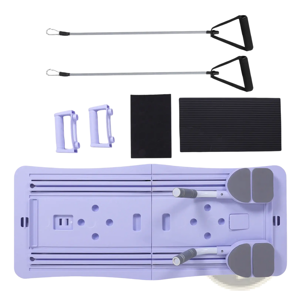 Foldable Pilates board 4-in-1 core exercise trainer with purple plastic bench, gray footrests, and adjustable resistance bands