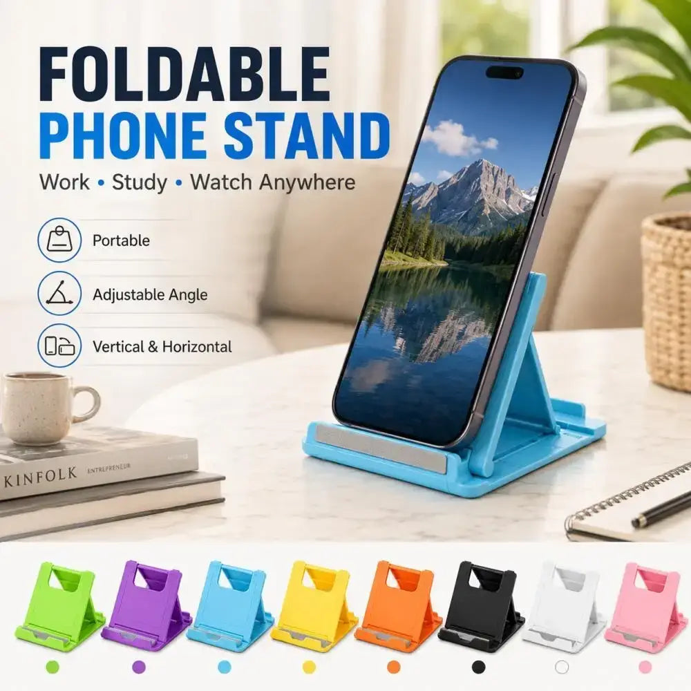 Blue foldable plastic phone stand with adjustable angle and vertical and horizontal positioning options for desktop use