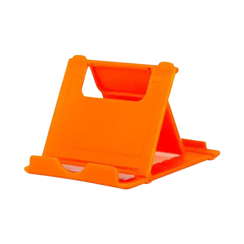 Bright orange foldable plastic phone stand with a sleek minimalist design for adjustable desktop use
