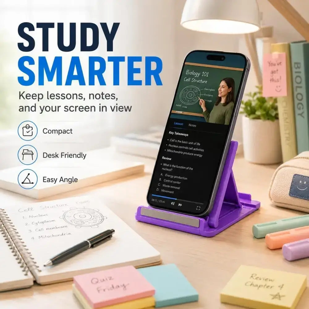 Foldable purple plastic phone stand with silver accent adjustable desktop holder for hands free use