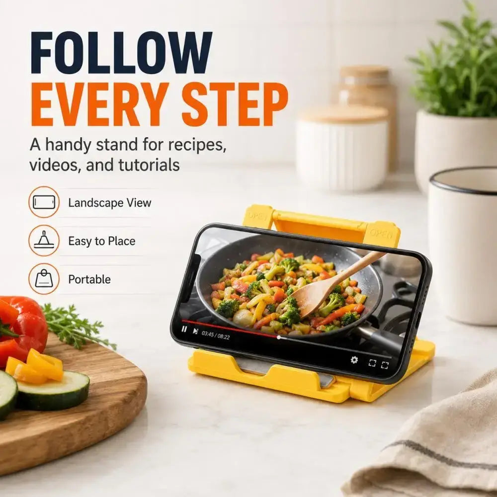Yellow foldable plastic phone stand adjustable desktop holder holding smartphone displaying a cooking video