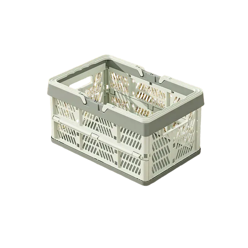 Gray and white foldable plastic storage basket with lattice design for collapsible storage and shopping use