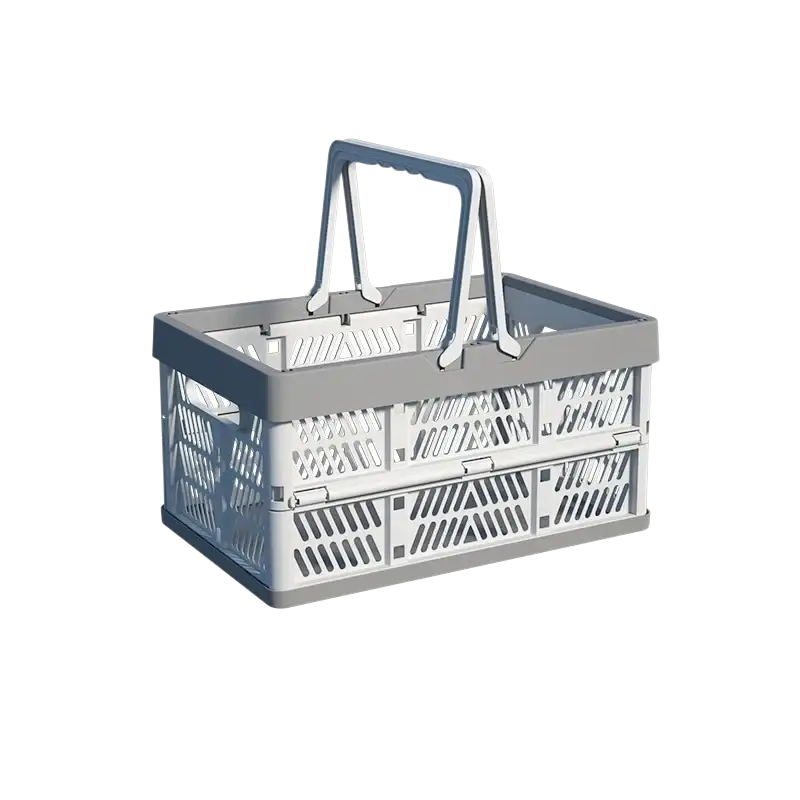Gray and white foldable plastic storage basket with sturdy handle for easy carrying and pastel collapsible crate design