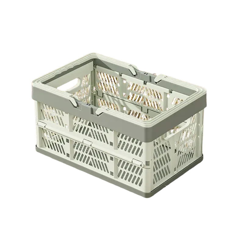 Foldable plastic storage basket pastel collapsible crate in gray and white with lattice design made of durable plastic