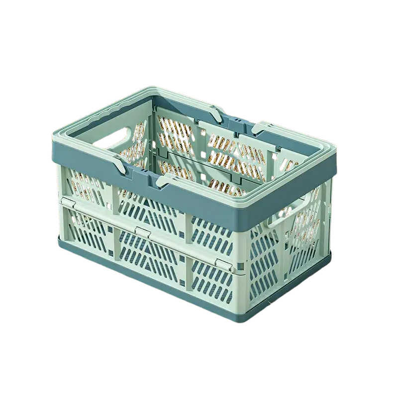 A light blue foldable plastic shopping basket with sturdy handle and diamond-patterned sides for easy storage