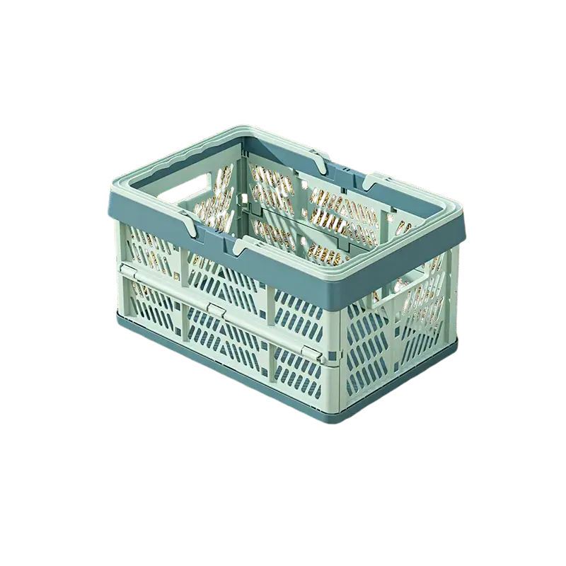 A light blue foldable plastic storage basket with perforated design and reinforced edges for easy collapsibility