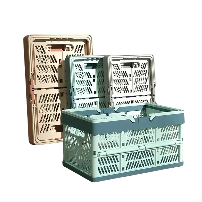 A mint green and gray foldable plastic storage basket with sturdy ventilated design for easy collapse and storage