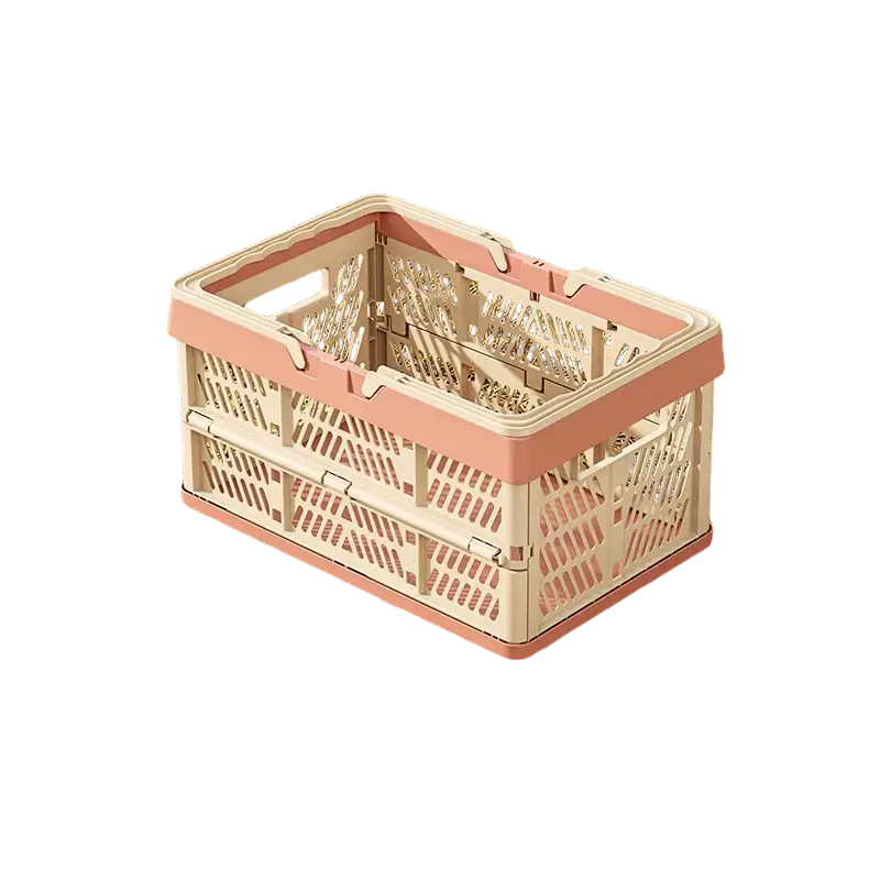Foldable plastic storage basket in pink and beige with lattice design made of collapsible plastic crate material