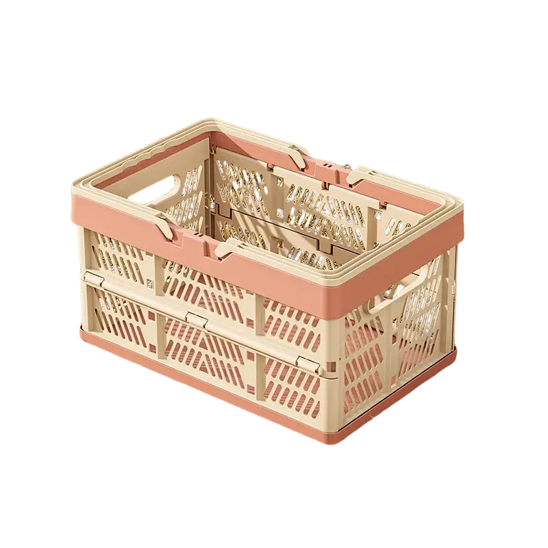 Foldable plastic storage basket in pink and beige with lattice design for collapsible crate use