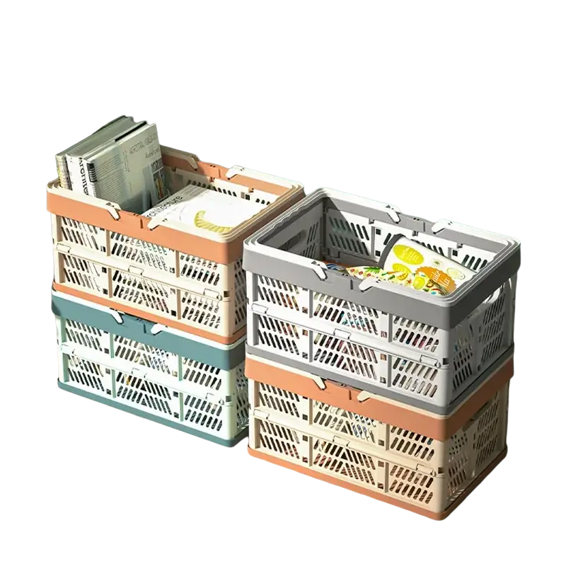 Stacked foldable plastic storage baskets in muted pastel beige gray and teal with a grid pattern and collapsible design