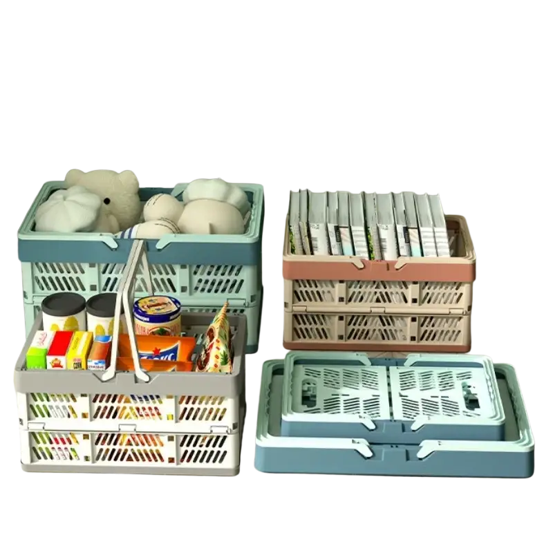 Foldable plastic storage basket stack in pastel blue and beige with collapsible design and grid-like pattern
