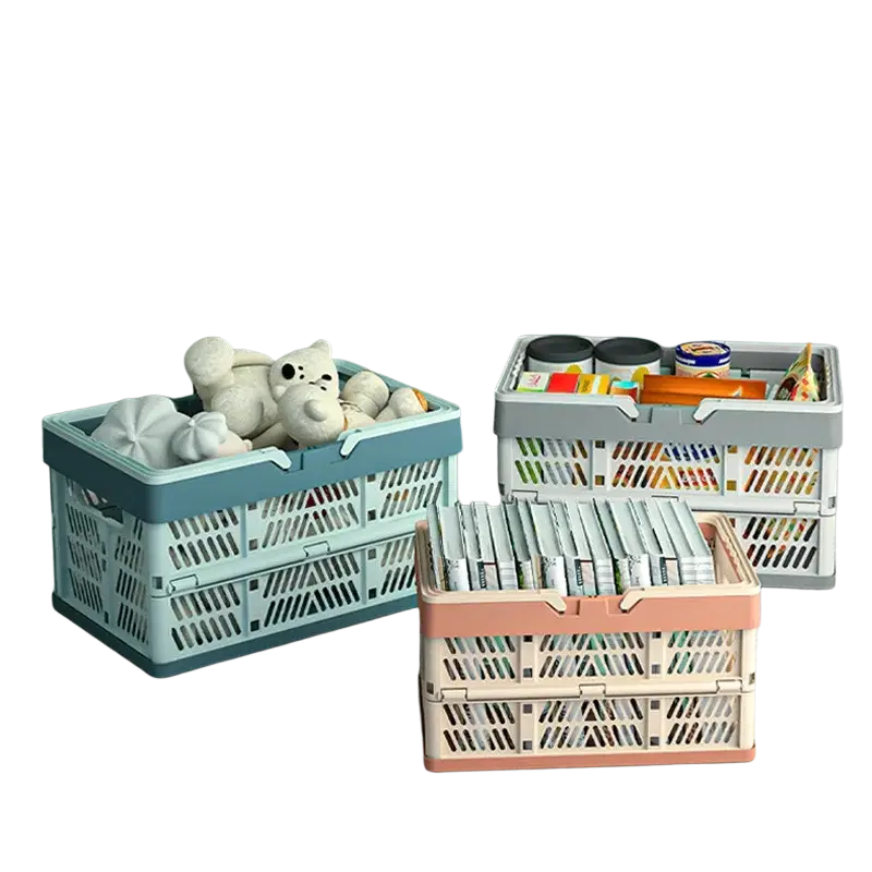 Three foldable plastic storage baskets in pastel blue gray and peach with collapsible lattice design for versatile use